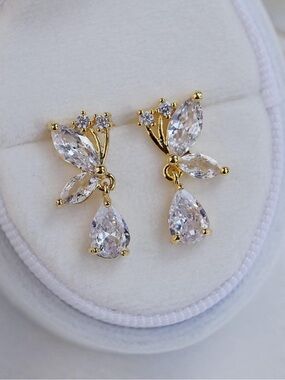 Gold Cubic Zirconia Teardrop Butterfly Drop Earrings - Elegant Clear Crystal